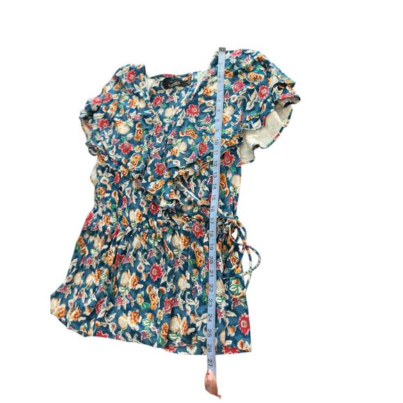 Ralph Lauren Black Label Stretch V-Neck Faux Wrap Blue Ruffle Blouse Medium - Picture 13 of 13